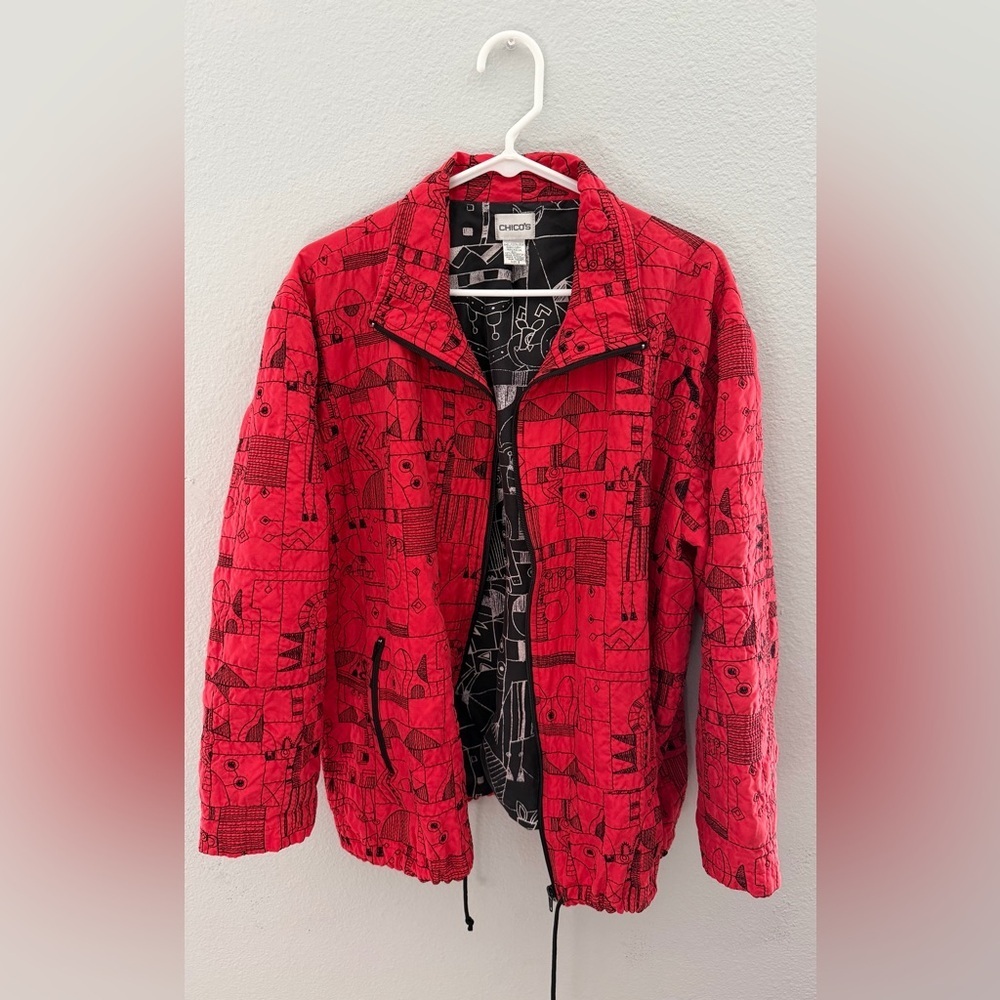 Vintage Chico's Red Quilted Zip Silk Jacket with Black Print- Chicos Size 3